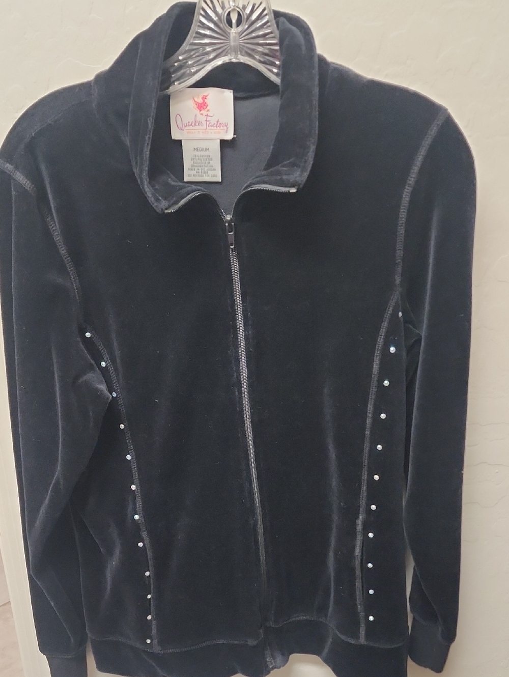 Quacker Factory Black Velvet Zip-Front Bomber Jacket with Rhinestones